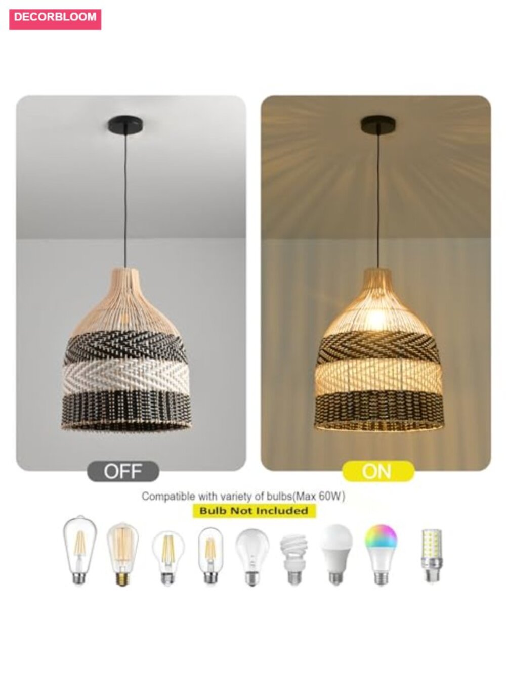 Handwoven Rattan Pendant Light 11.8" Wicker Chandelier for Dining Room Kitchen - Picture 2 of 5